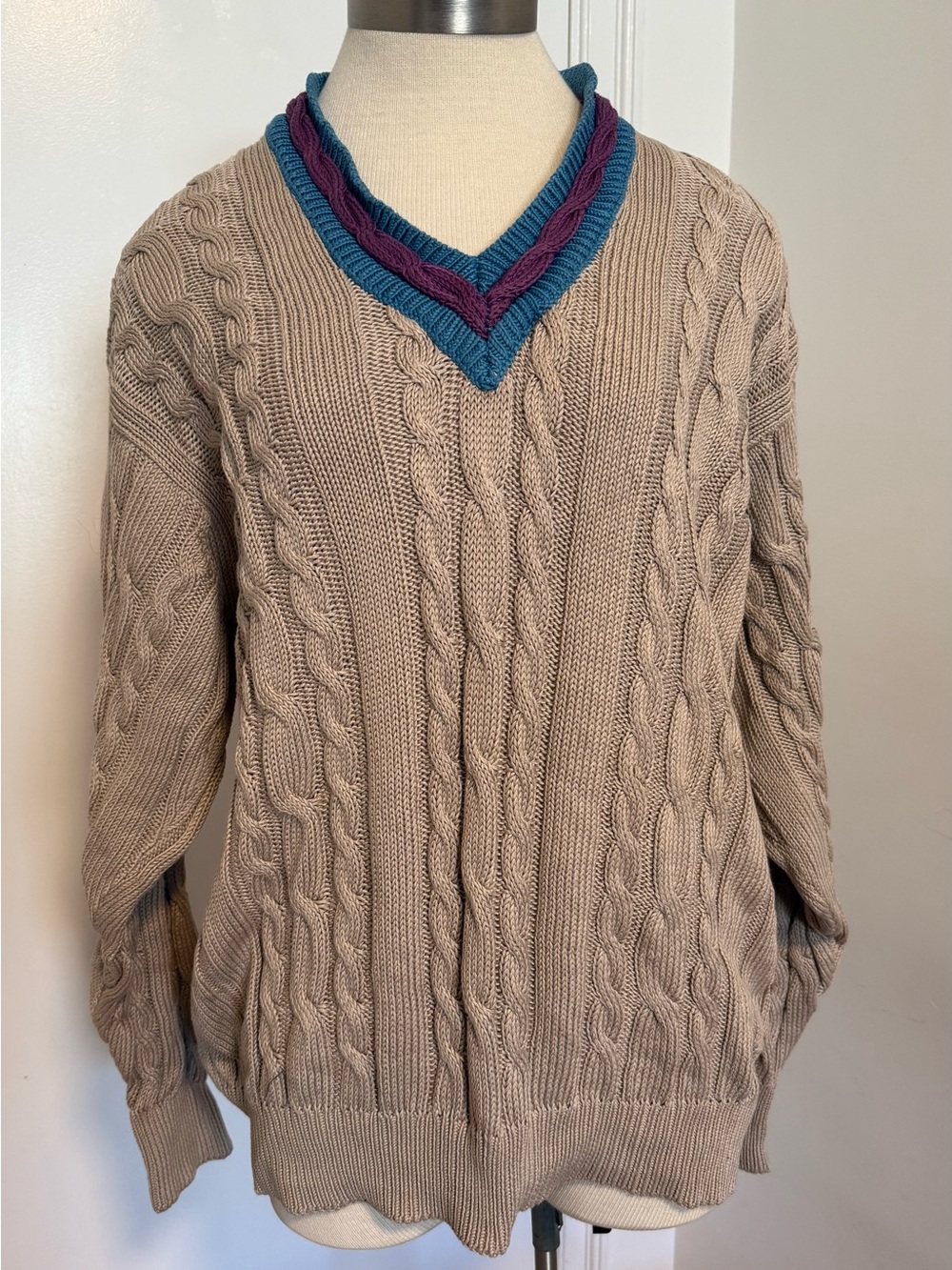 Vintage! Bobby Jones Cable Knit V-Neck Sweater in Beige with Teal & Plum Trim M